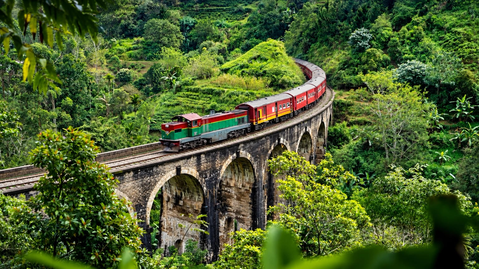Misty tea-covered mountains and a train winding through the Sri Lankan highlands